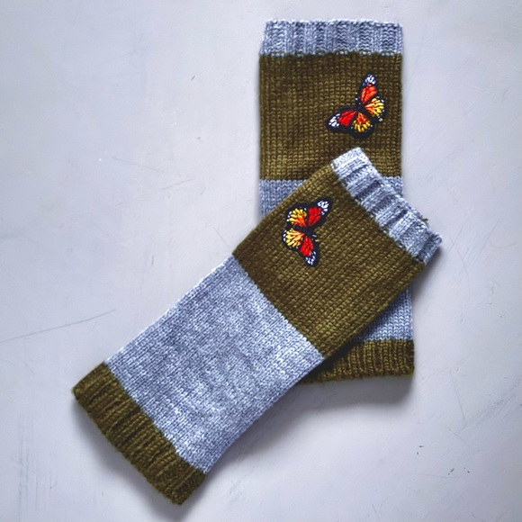Accessories - Knitted Fingerless Butterfly Embroidery Half Finger Mittens Touchscreen Gloves
